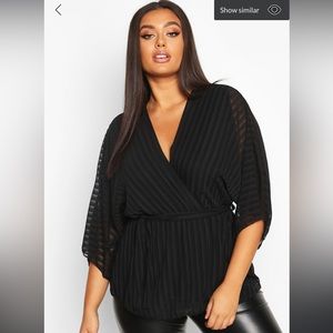 Boohoo Plus Stripe Kimono Sleeve Peplum Wrap Tie Blouse